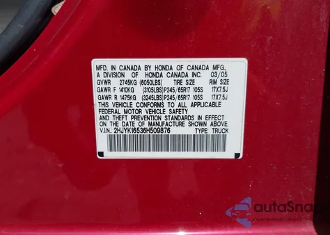 2006 Honda Ridgeline Rtl z USA, uszkodzony, nr VIN 2HJYK16536H509876